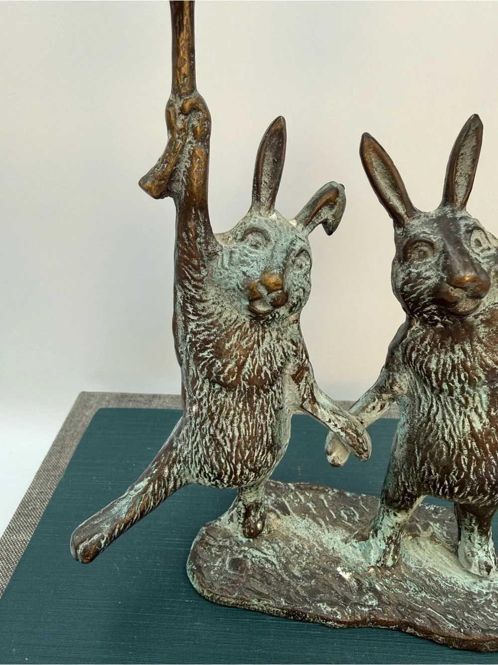 Vintage Bronze with Verdigris Rabbit Candlestick Holders